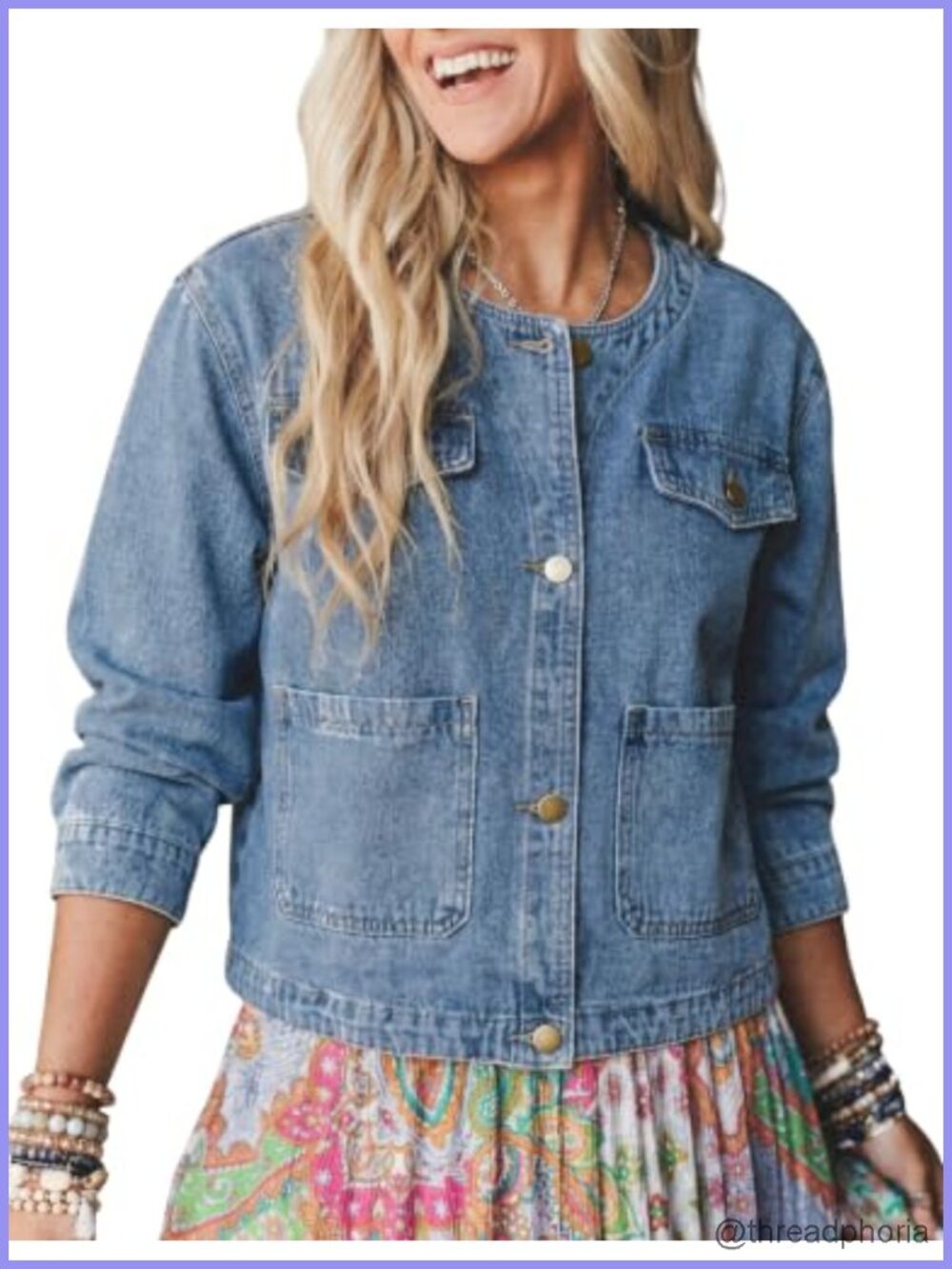 Womens Cropped Denim Jacket Collarless Button Down Casual Fall Coat